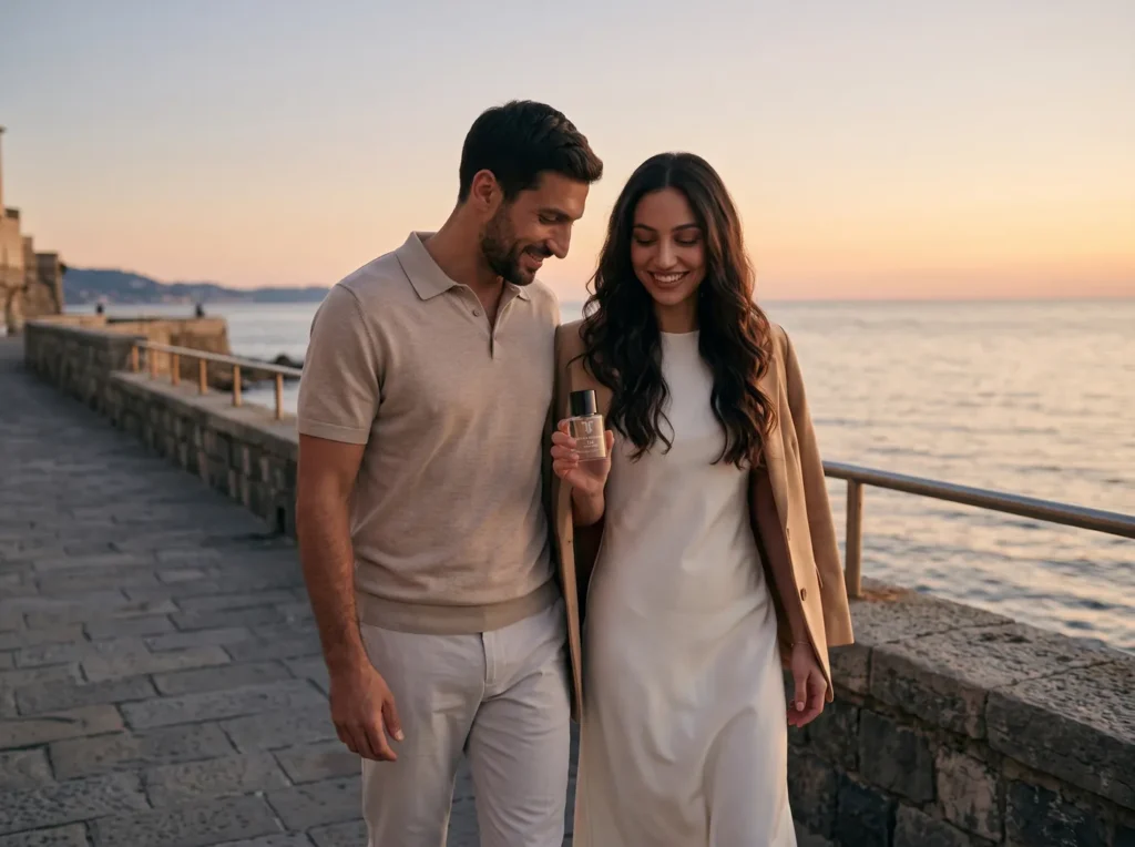 Karim and Leila with an Atelier T Eau de Parfum by the sea at golden hour