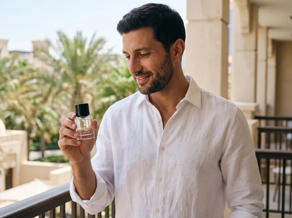 Karim holding an Atelier T Eau de Parfum on a sunlit balcony