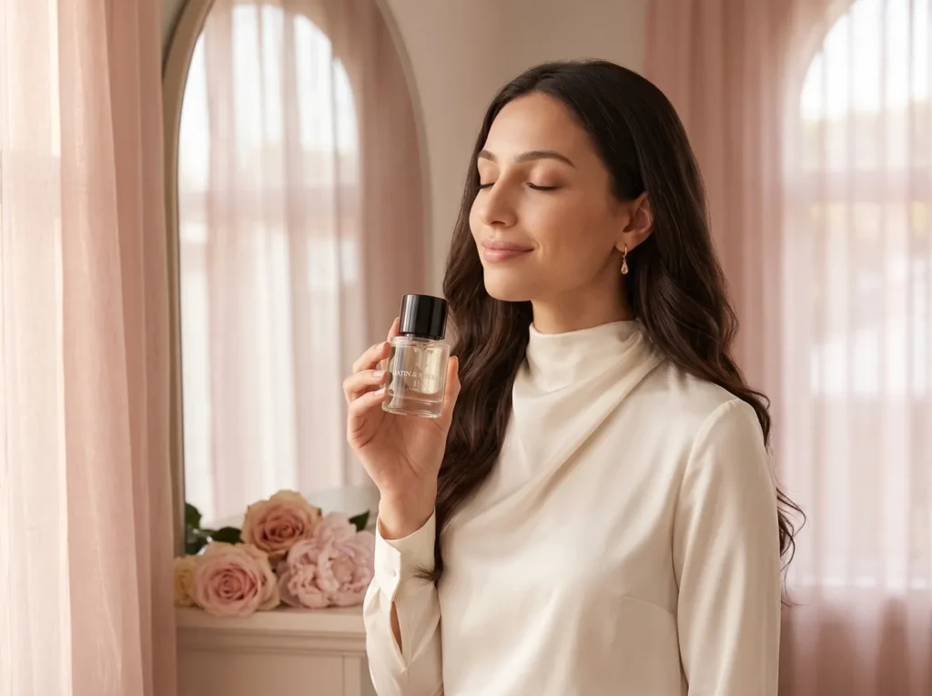 Leila holding an Atelier T Eau de Parfum by a sunlit window