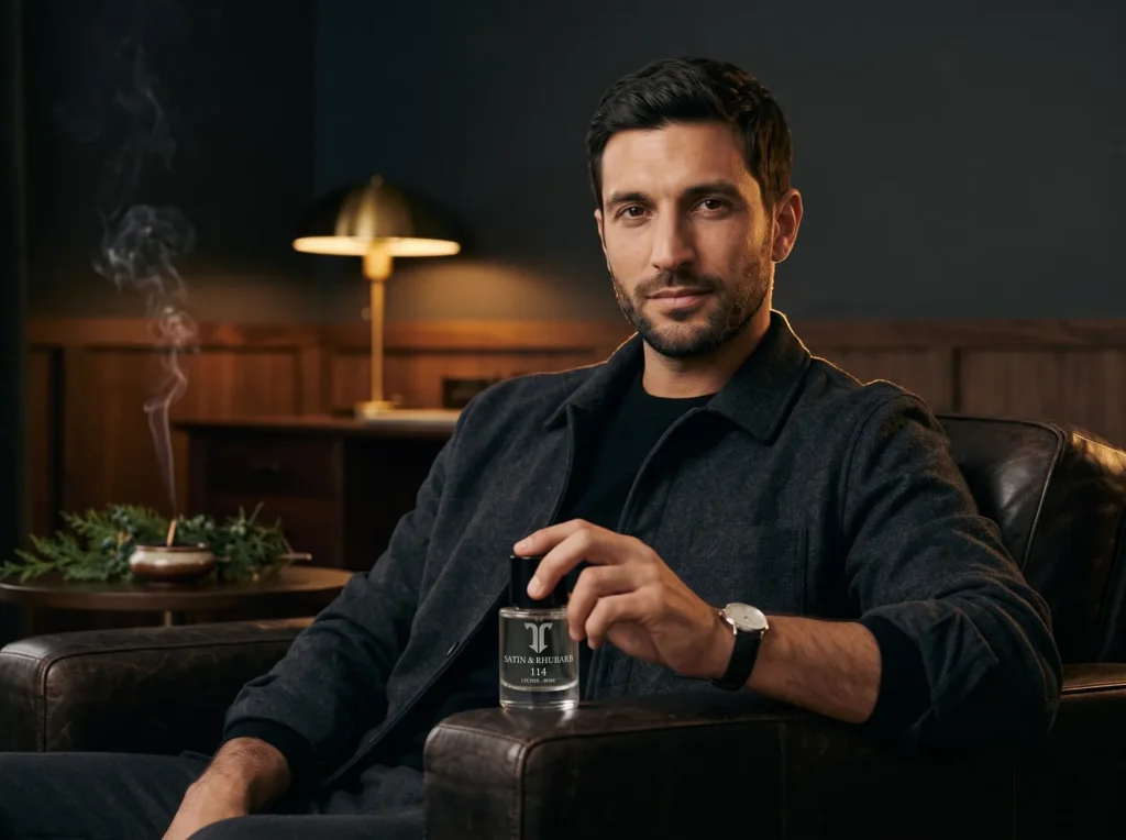 Karim holding an Atelier T Eau de Parfum in a lamp-lit study