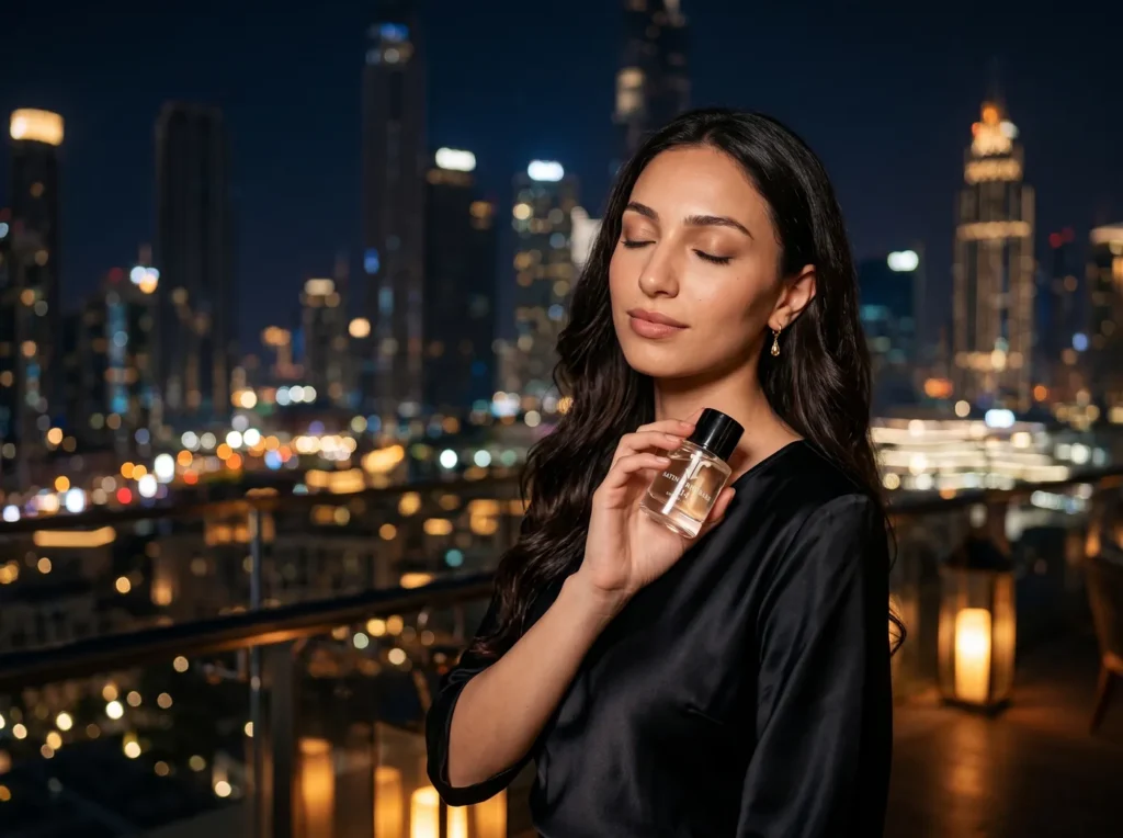 Leila holding an Atelier T Eau de Parfum on a rooftop at night