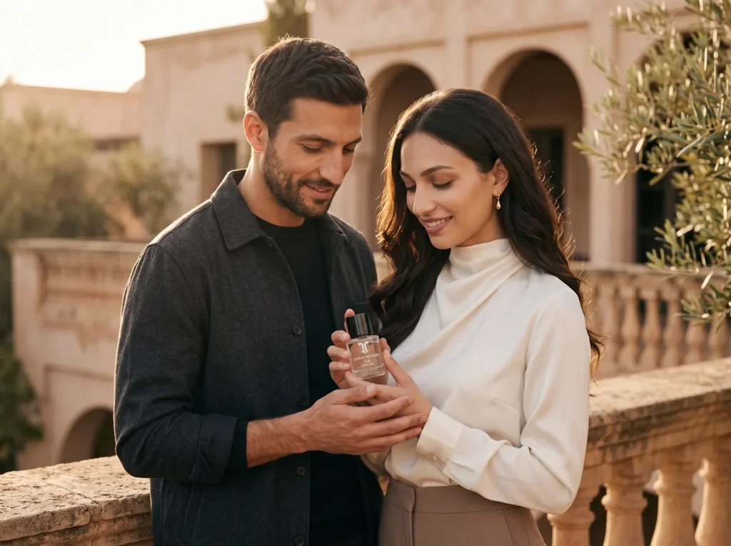 Karim and Leila sharing an Atelier T Eau de Parfum on a sunlit terrace
