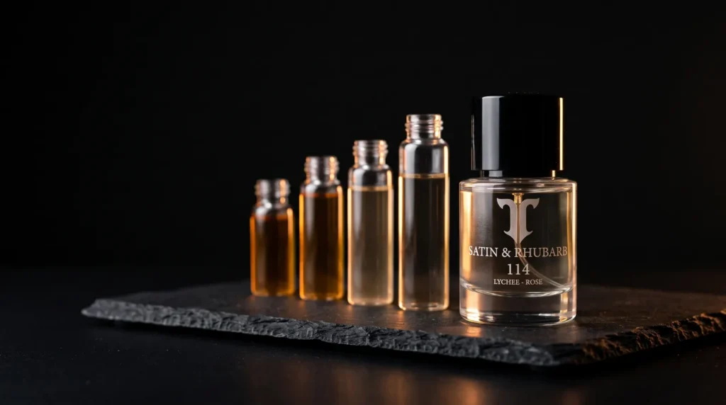 Atelier T Eau de Parfum bottle beside vials showing different perfume concentrations