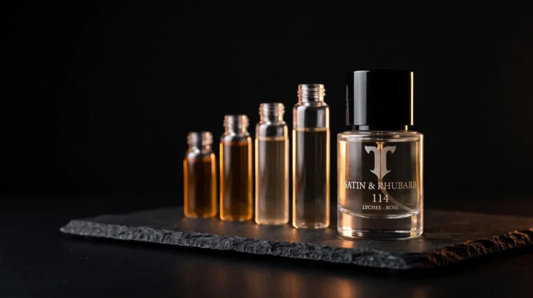 Atelier T Eau de Parfum bottle beside vials showing different perfume concentrations