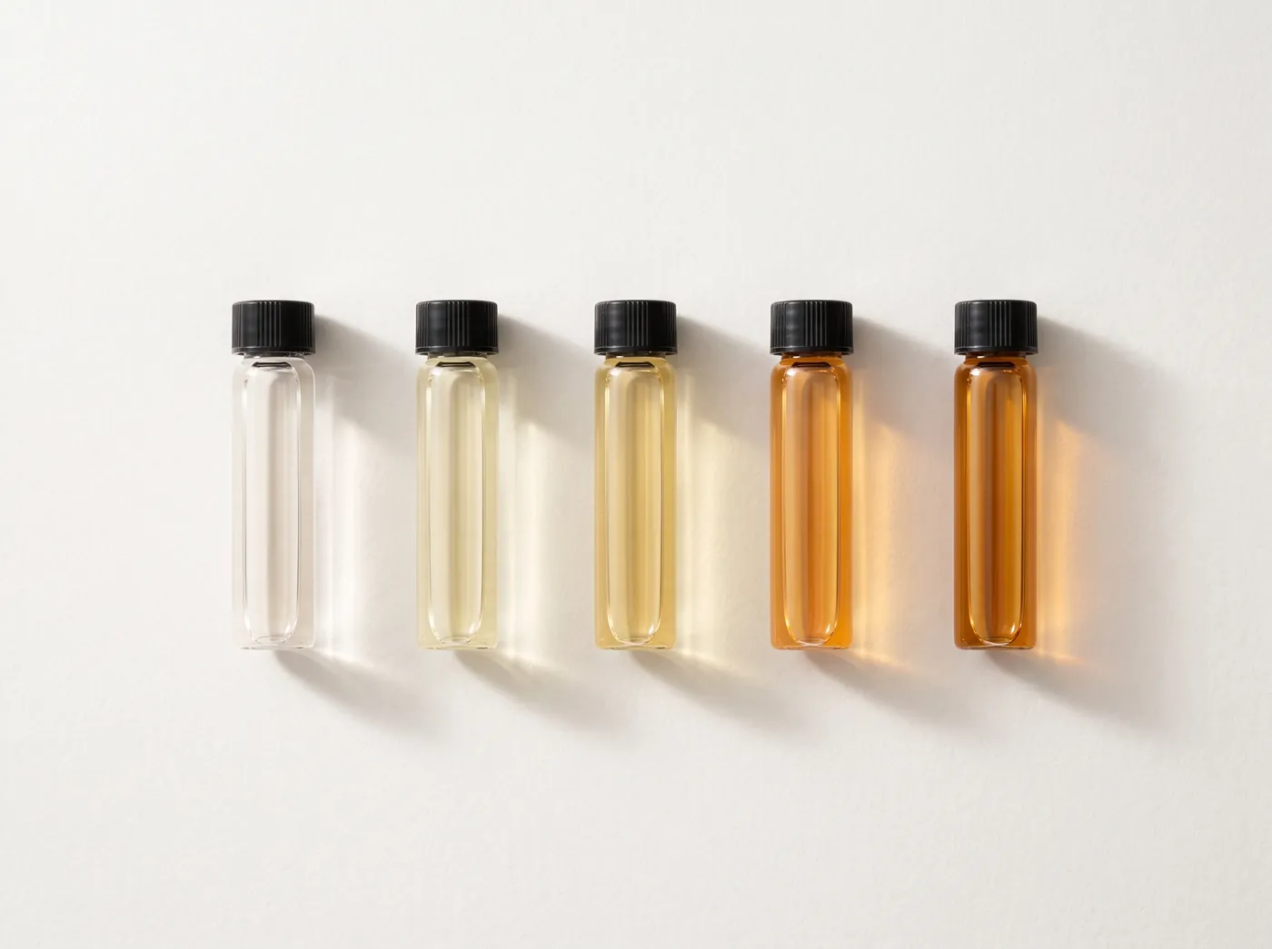 Five vials of increasing amber colour illustrating perfume concentrations from Eau Fraîche to Extrait