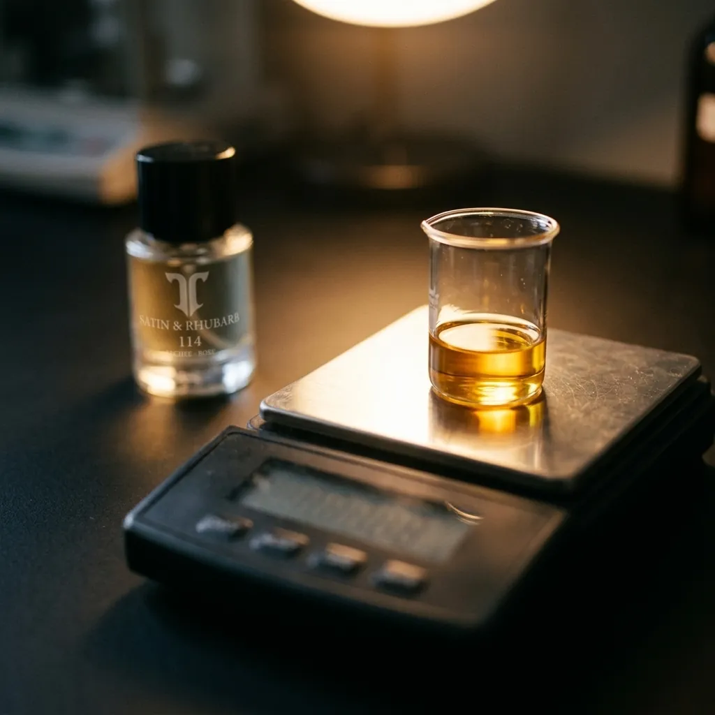 Perfume concentrate being weighed on a precision scale in the Atelier T atelier