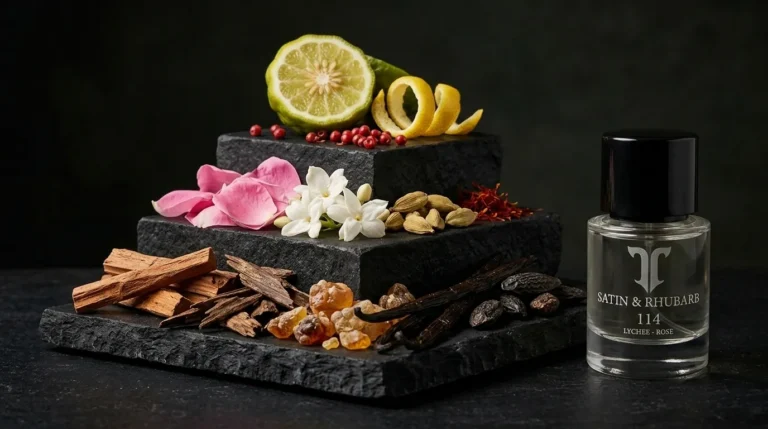 Perfume ingredients arranged in top, heart and base note tiers beside an Atelier T bottle