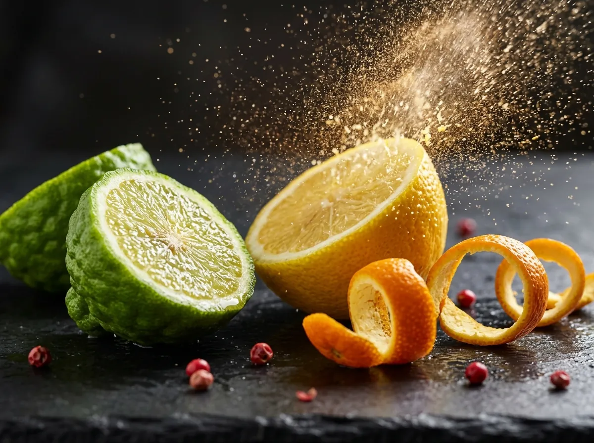 Citrus peel spraying fragrant oil, the typical top notes of a perfume