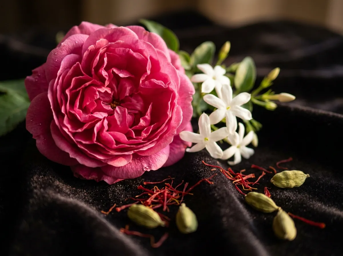 Rose, jasmine, saffron and cardamom, classic heart notes