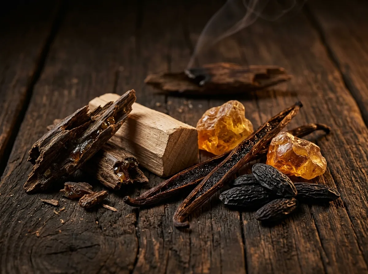 Oud, sandalwood, amber resin and vanilla, the deep base notes of perfume