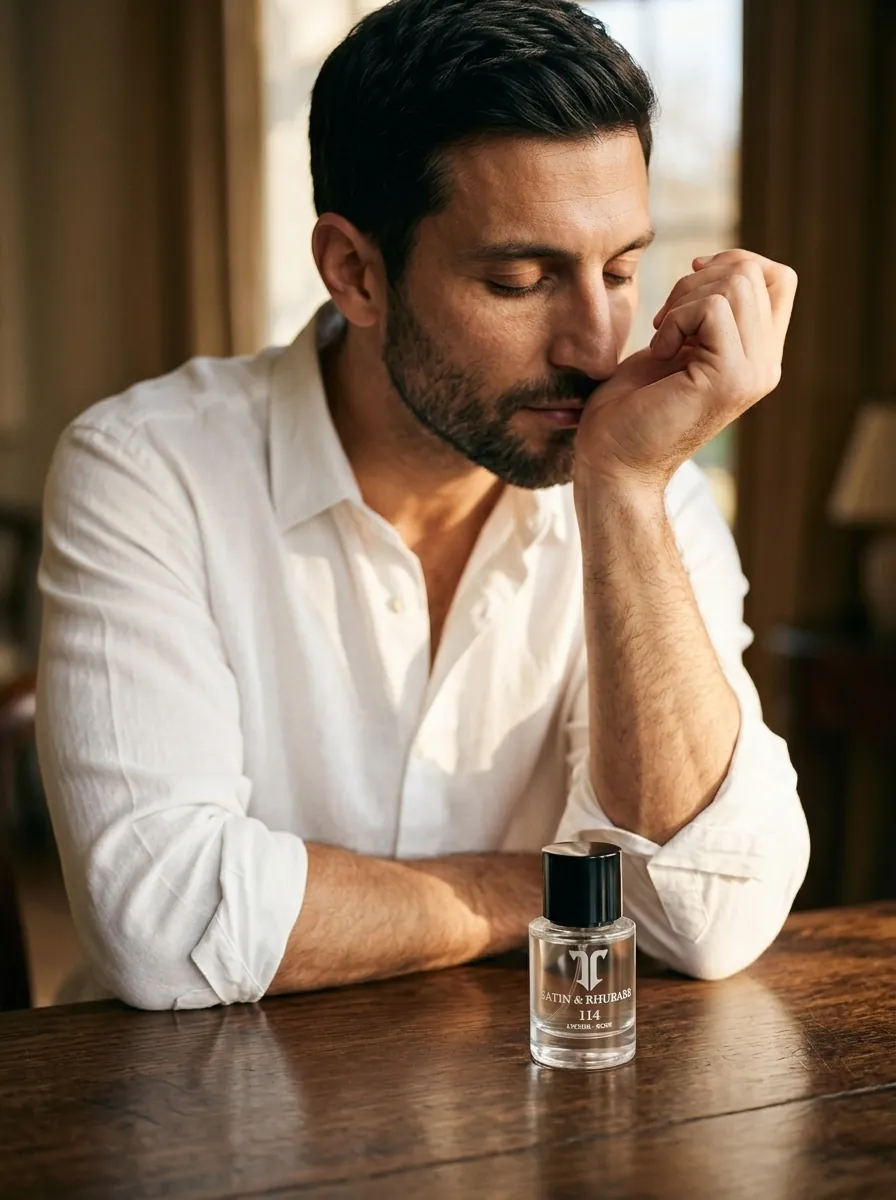Karim smelling perfume on his wrist to test how it develops