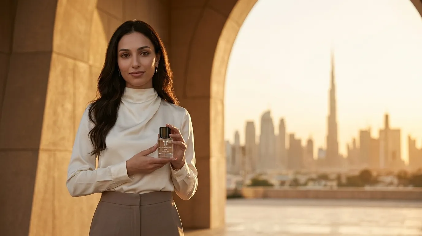 Leila in the shade at golden hour in Dubai holding an Atelier T perfume