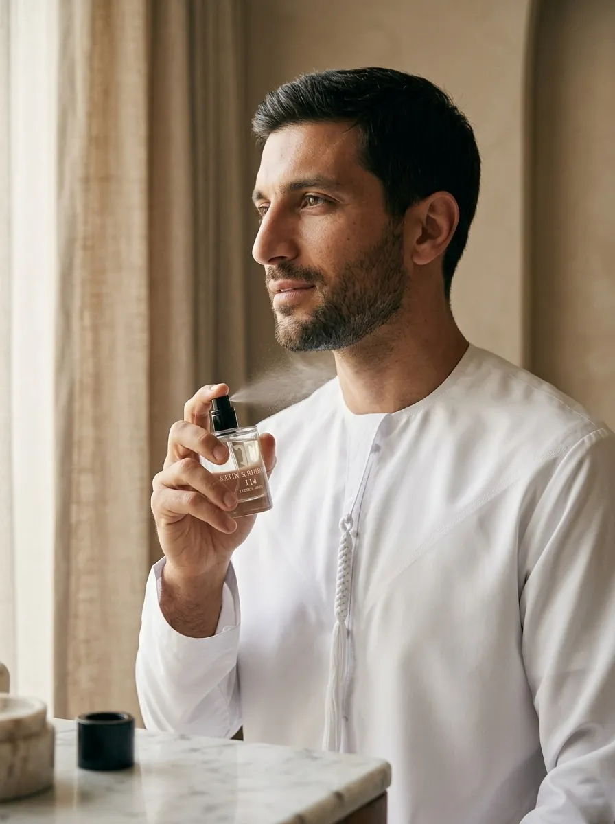 Karim applying perfume to the side of his neck, a classic pulse point
