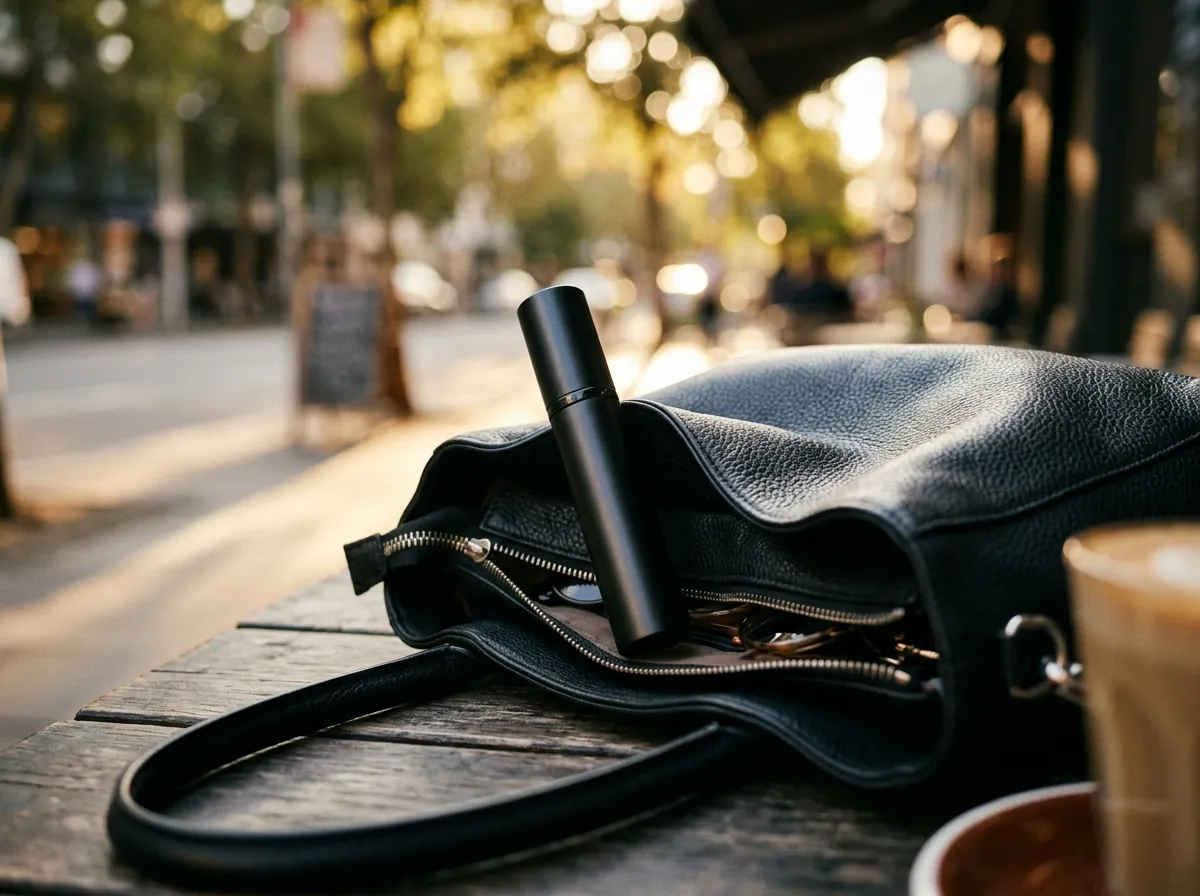 A travel-size perfume atomiser in a handbag for top-ups during the day