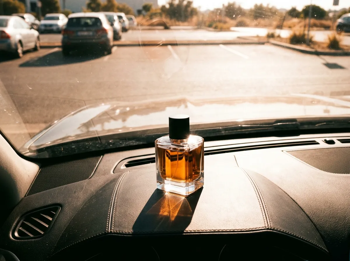 A perfume bottle left on a car dashboard in the summer sun, the worst place to store it