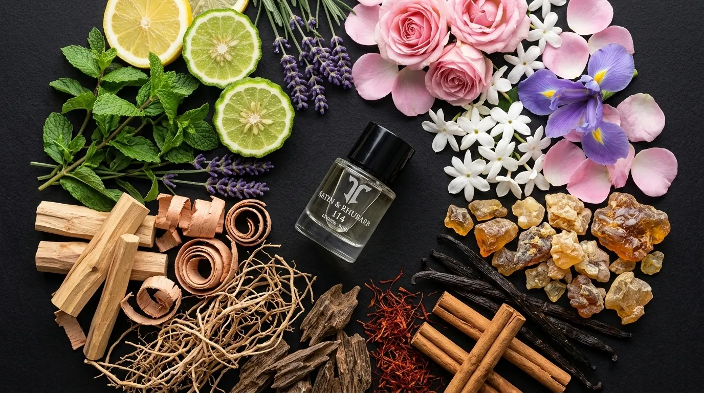 The four fragrance families, fresh, floral, amber and woody, arranged around an Atelier T bottle