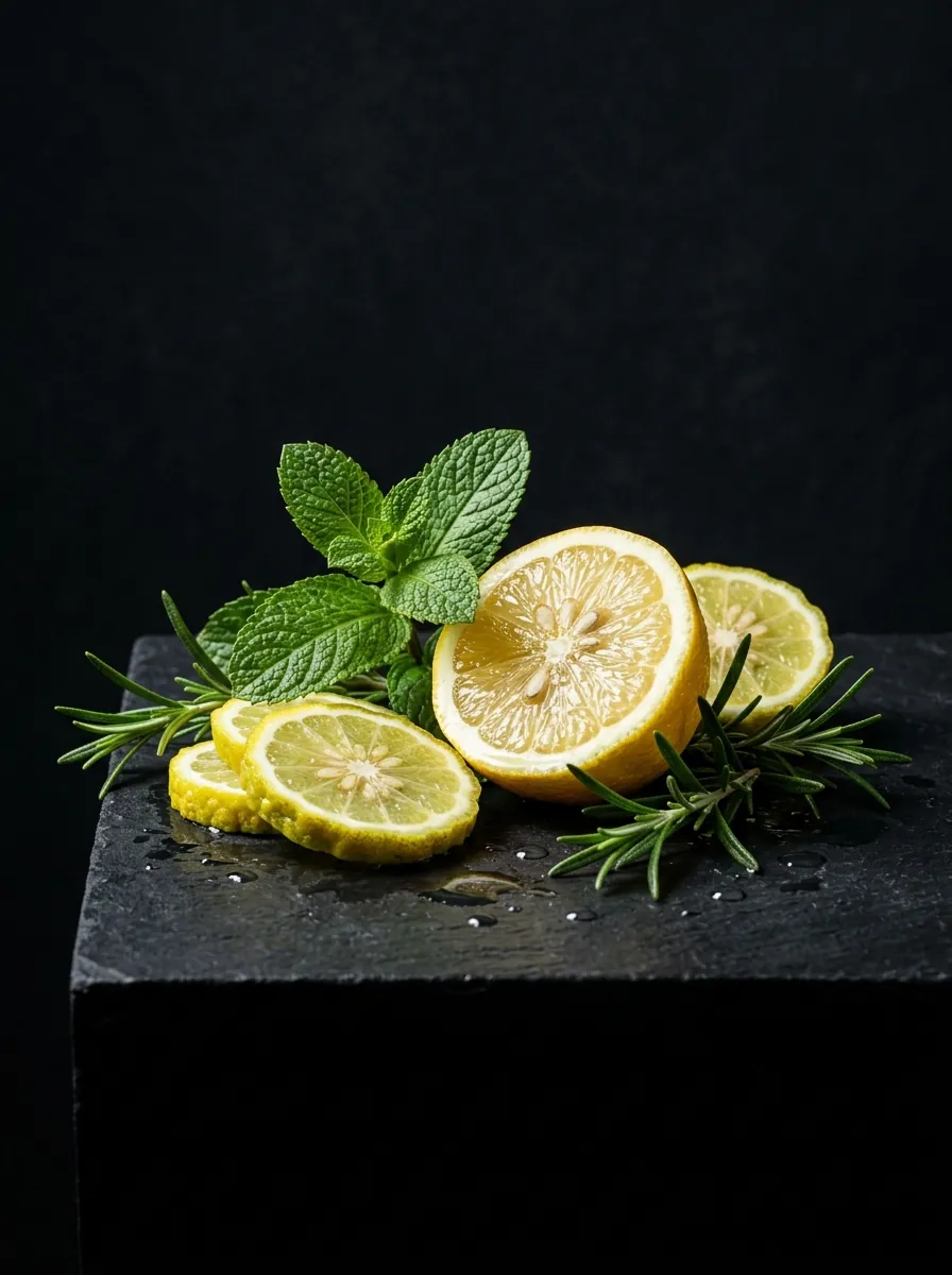 Citrus, mint and herbs representing the fresh fragrance family