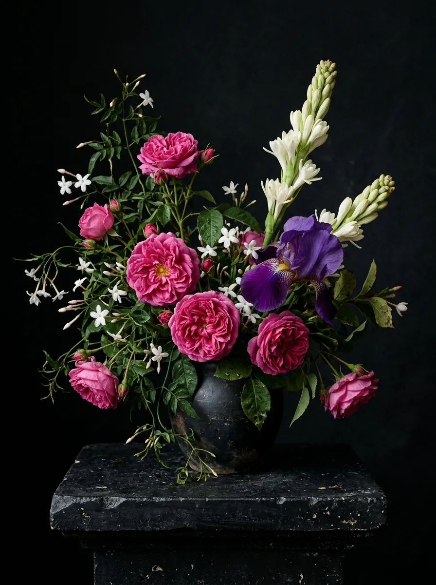 Rose, jasmine, tuberose and iris representing the floral fragrance family