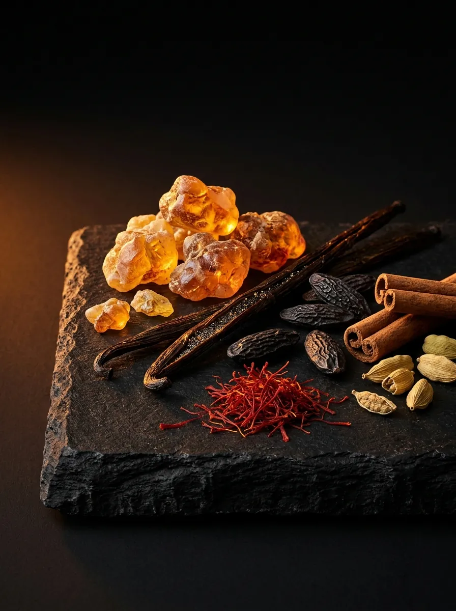Resins, vanilla and warm spices representing the amber fragrance family