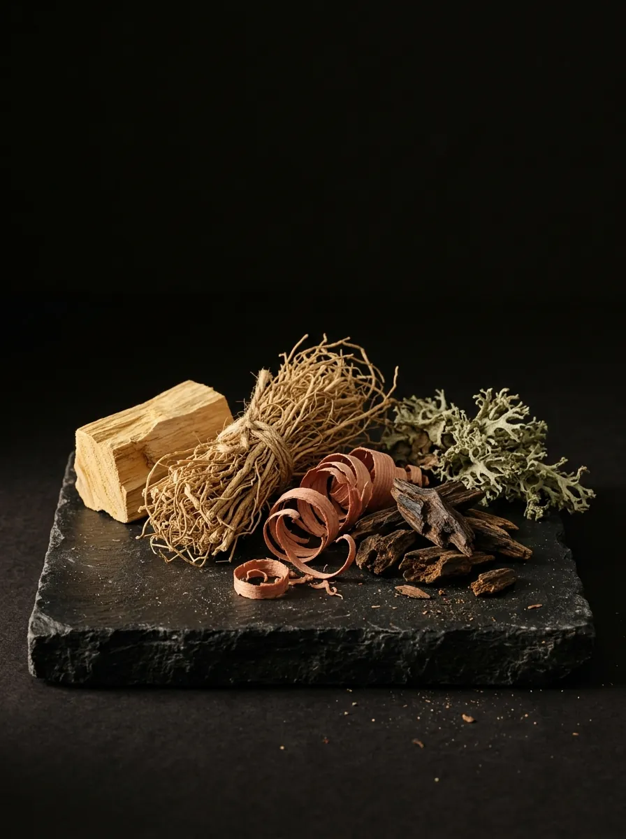 Sandalwood, cedar, vetiver and oud representing the woody fragrance family