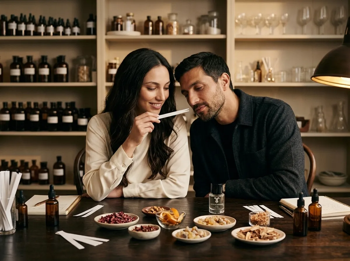 Leila and Karim exploring fragrance families with smelling strips