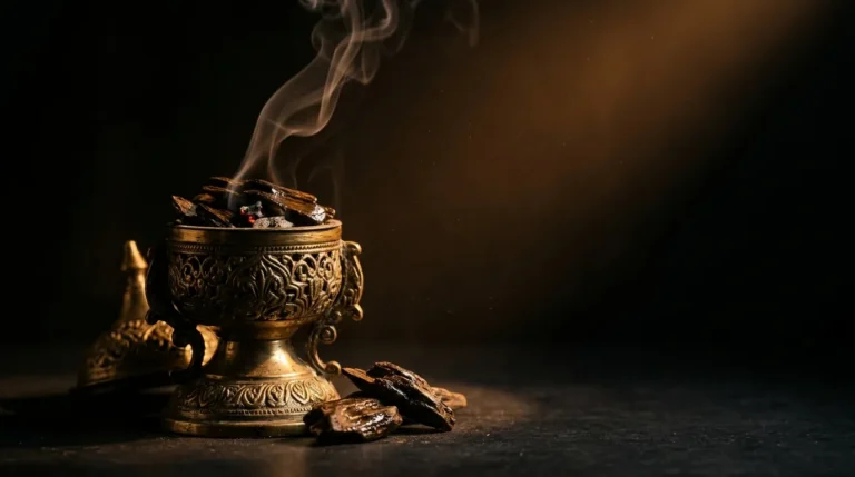 Oud wood smouldering in a brass mabkhara, its smoke rising in warm light