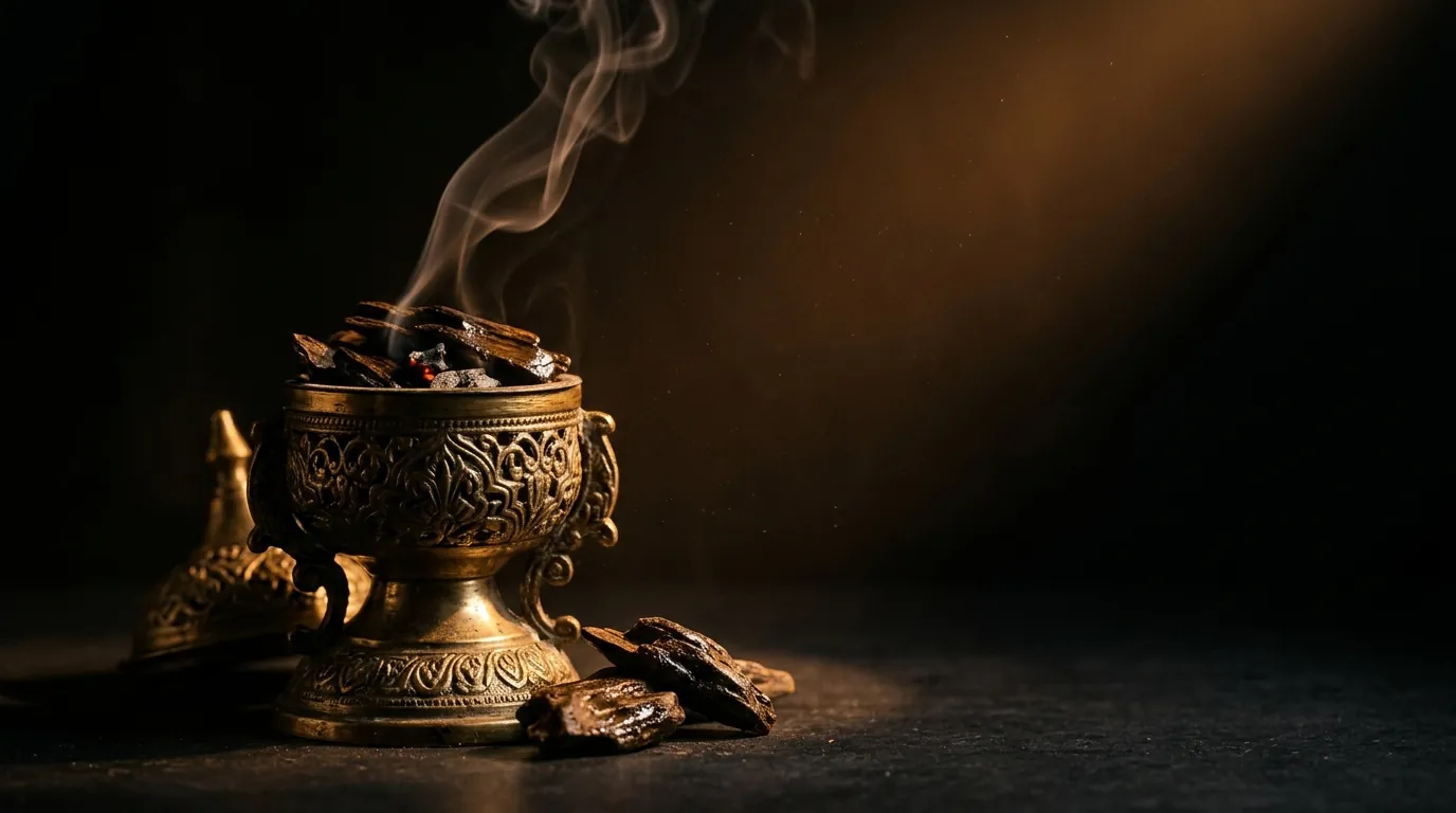 Oud wood smouldering in a brass mabkhara, its smoke rising in warm light