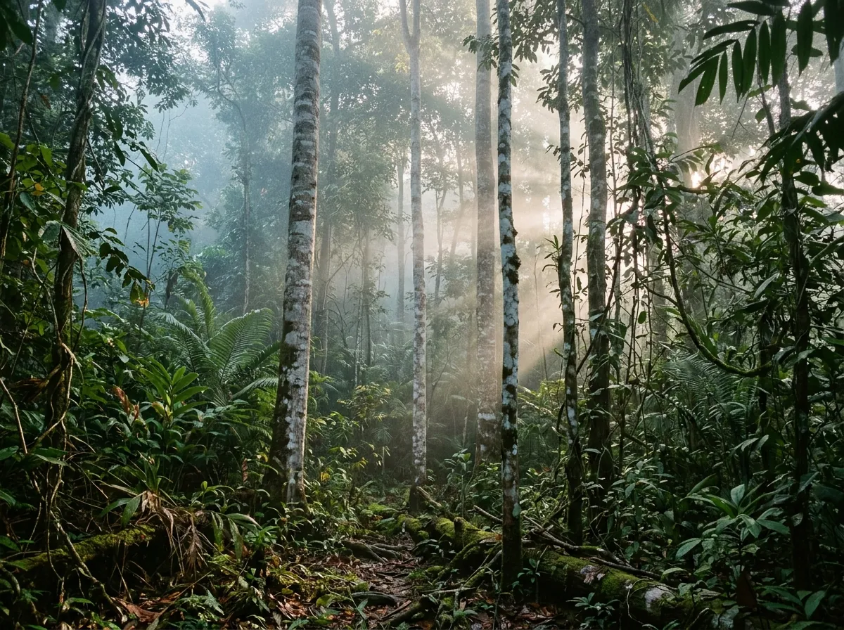 Aquilaria trees in a misty Southeast Asian forest, the source of oud