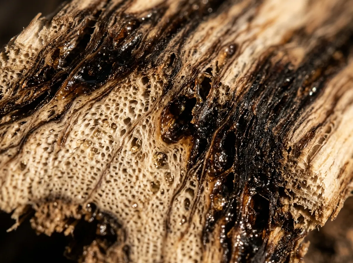 Close-up of agarwood showing dark resin veins, the source of oud's scent