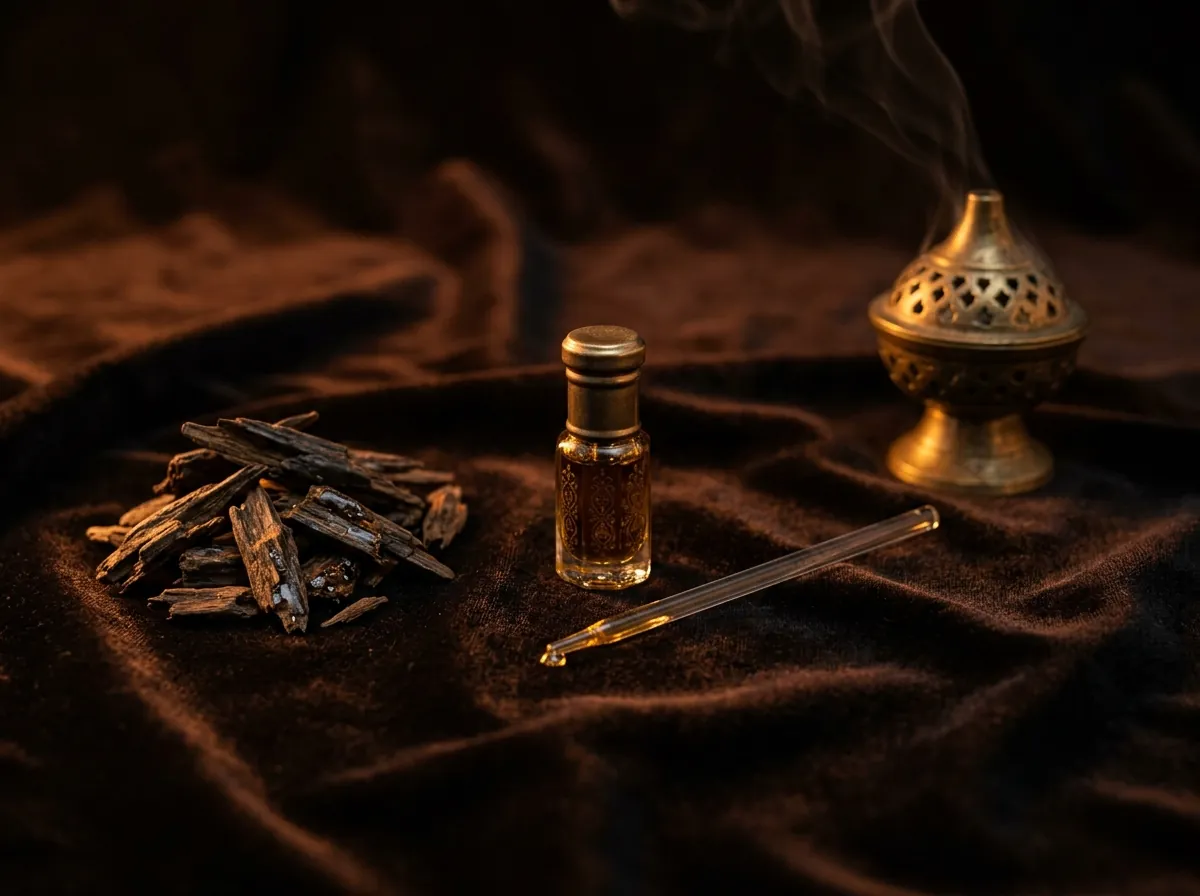 Oud in its three forms: wood chips, dehn al oud oil and burning oud smoke