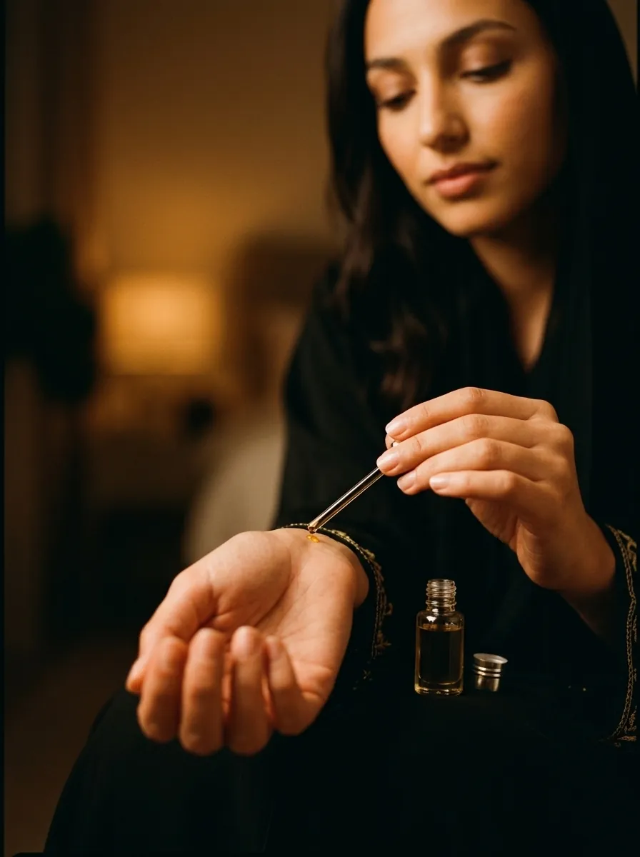 Leila applying a single drop of oud oil to her wrist