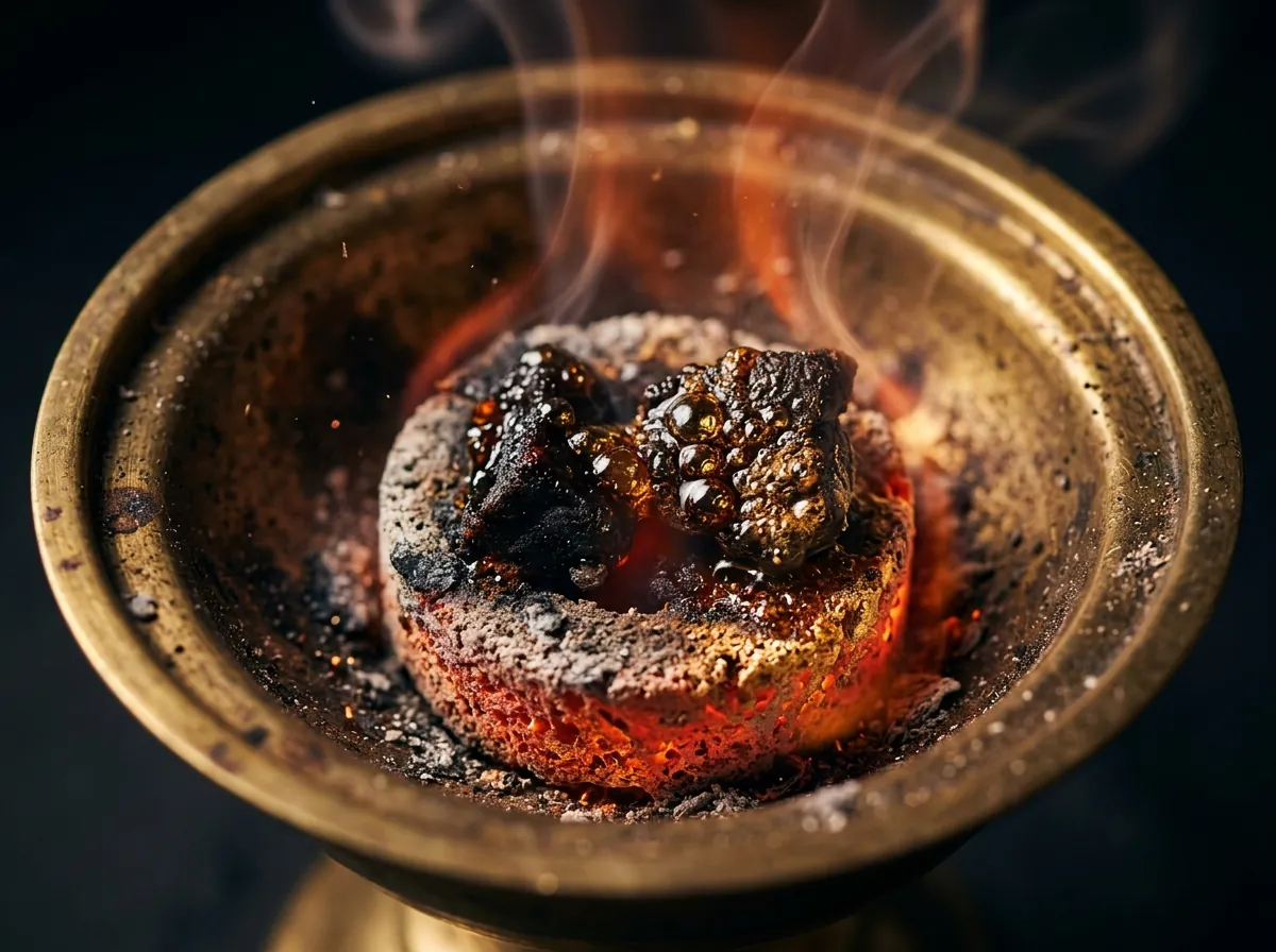 Bukhoor melting on hot charcoal in a mabkhara