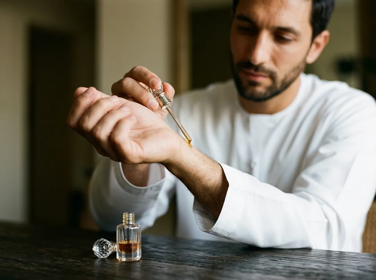 Karim applying attar oil to his wrist