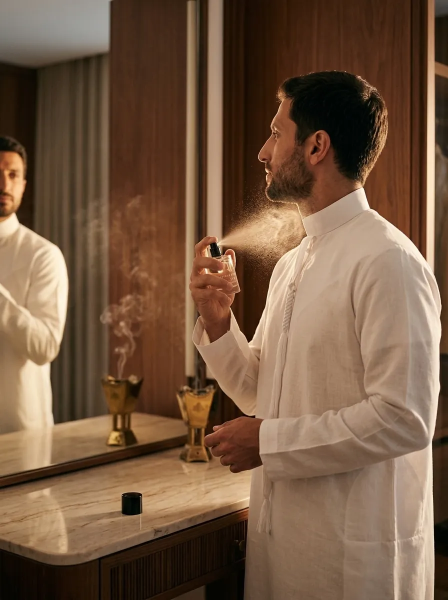 Karim finishing his scent ritual with Atelier T Eau de Parfum