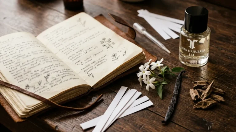 A perfumer's notebook surrounded by ingredients, the Atelier T perfume glossary