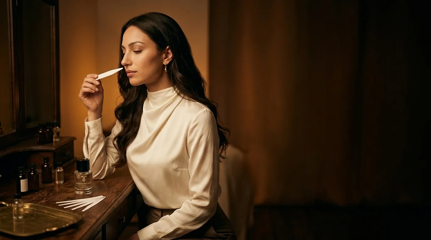 Leila testing perfumes on smelling strips to find her signature scent
