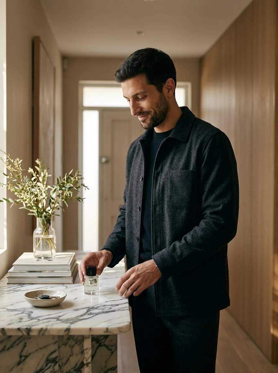 Karim reaching for the perfume he wears every day