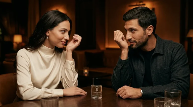 Leila and Karim comparing how the same perfume smells on each of them