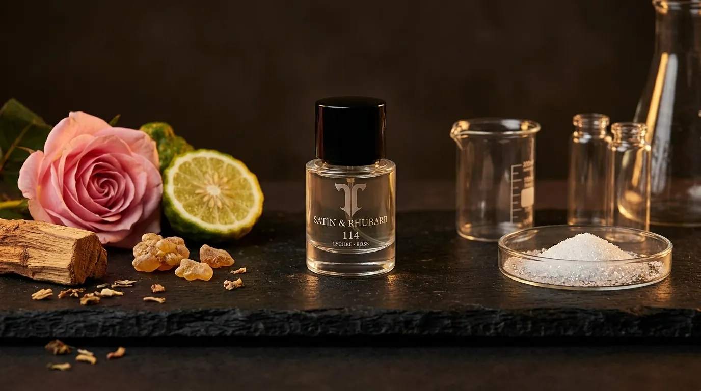 Natural ingredients and laboratory materials meeting in a modern perfume