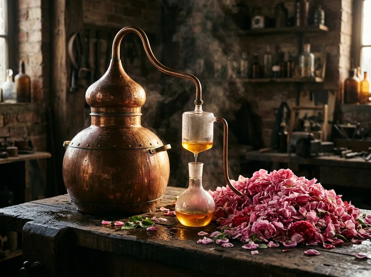 Rose petals and a copper still used to distil natural perfume oils