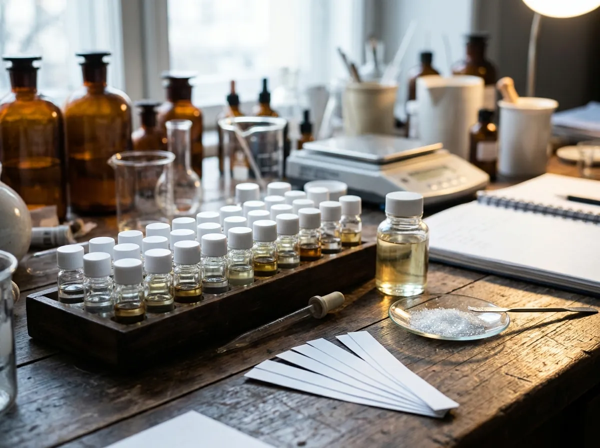 A perfumer's bench of aroma materials and vials