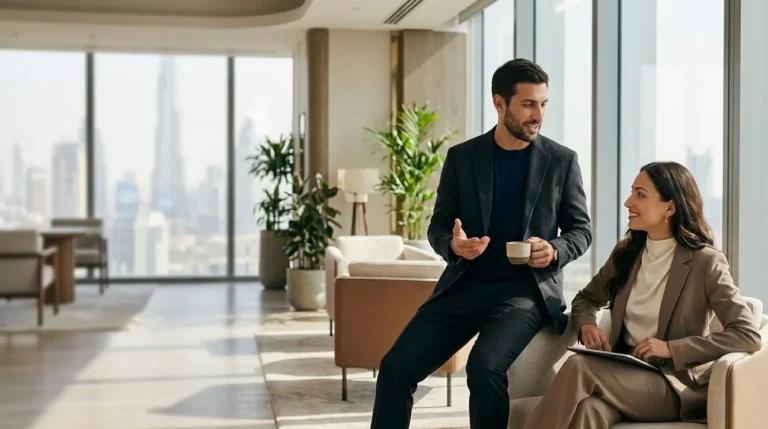 Karim and Leila in a shared office space in Dubai