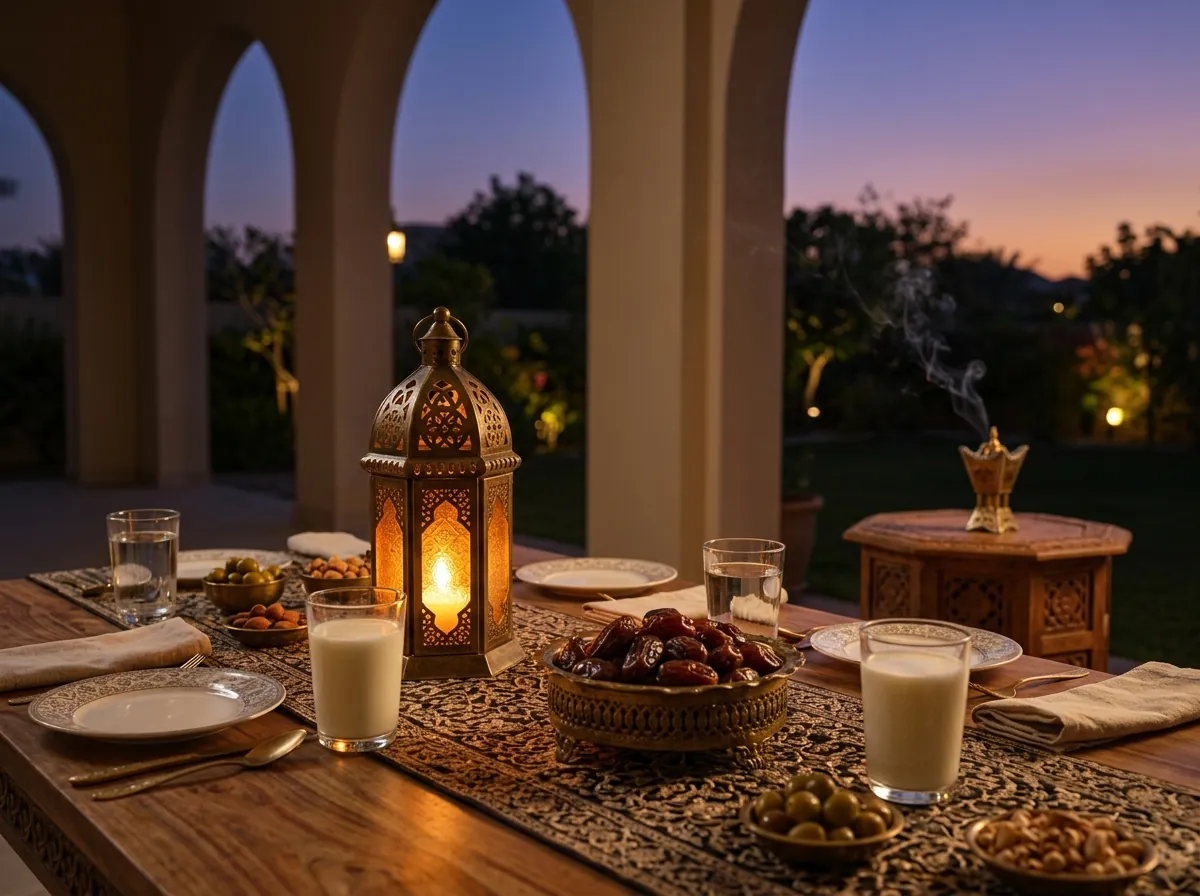 An iftar table at dusk, with oud smoke welcoming guests