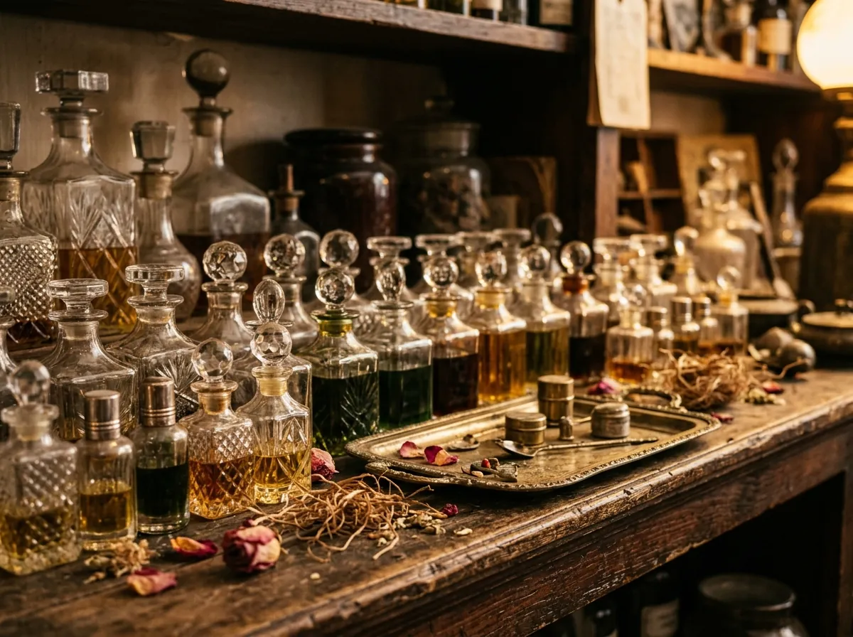 A shelf of traditional attar bottles in many shades