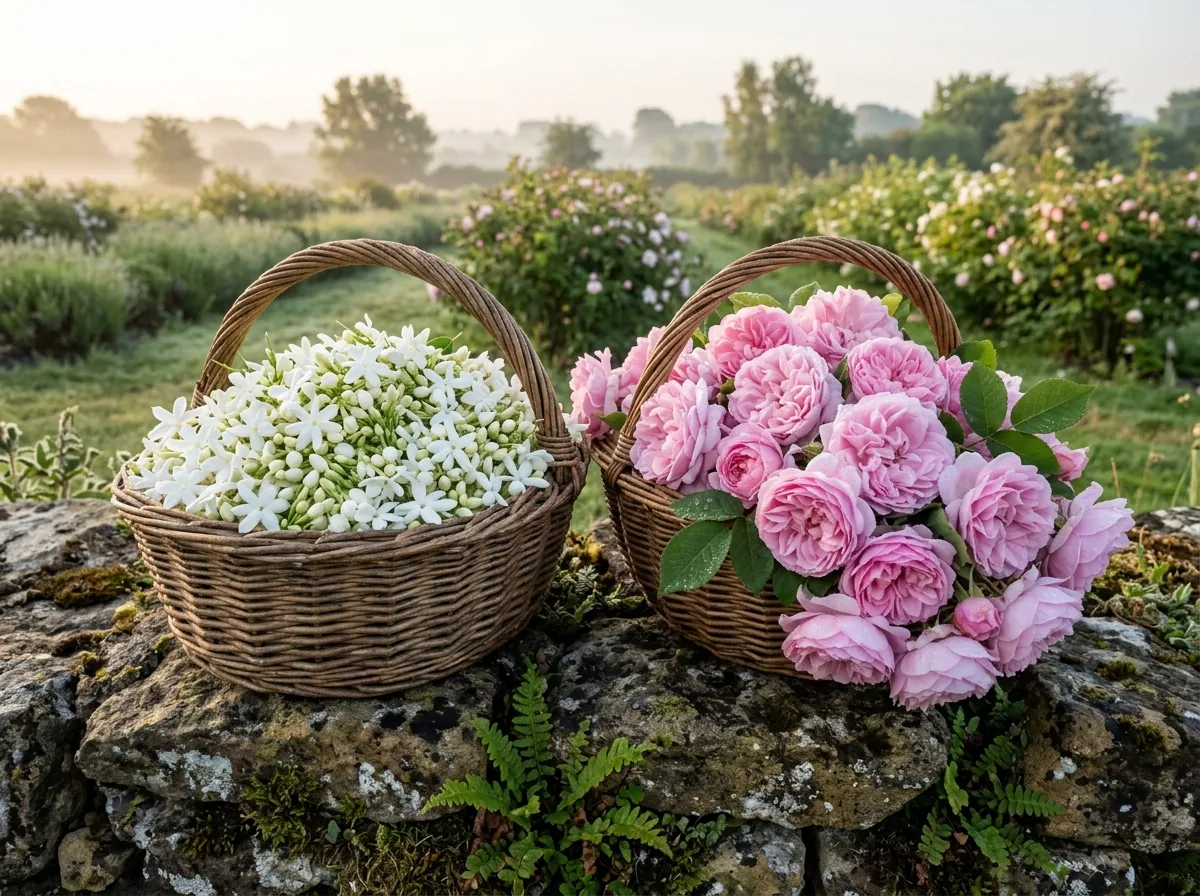 Hand-picked jasmine and May roses, the precious flowers of Grasse