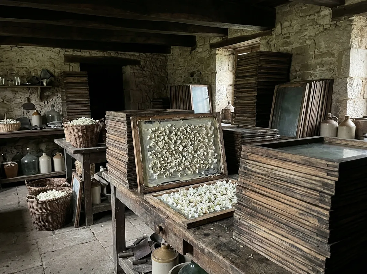 Jasmine on glass plates, the historic enfleurage technique