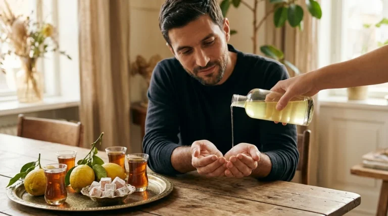 Lemon kolonya poured into Karim's hands as a gesture of welcome