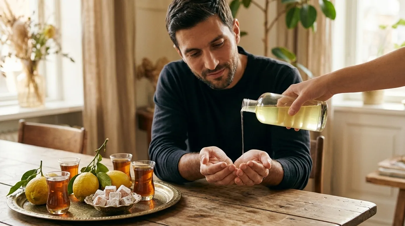 Lemon kolonya poured into Karim's hands as a gesture of welcome