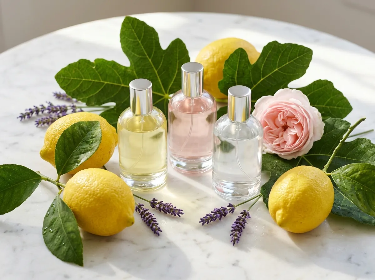Bottles of lemon, rose and fig kolonya with fresh ingredients