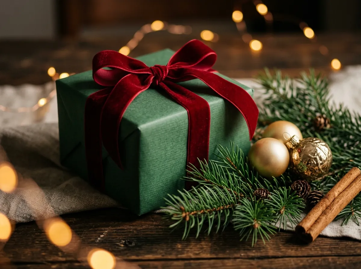 A perfume gift among pine and festive lights for Christmas